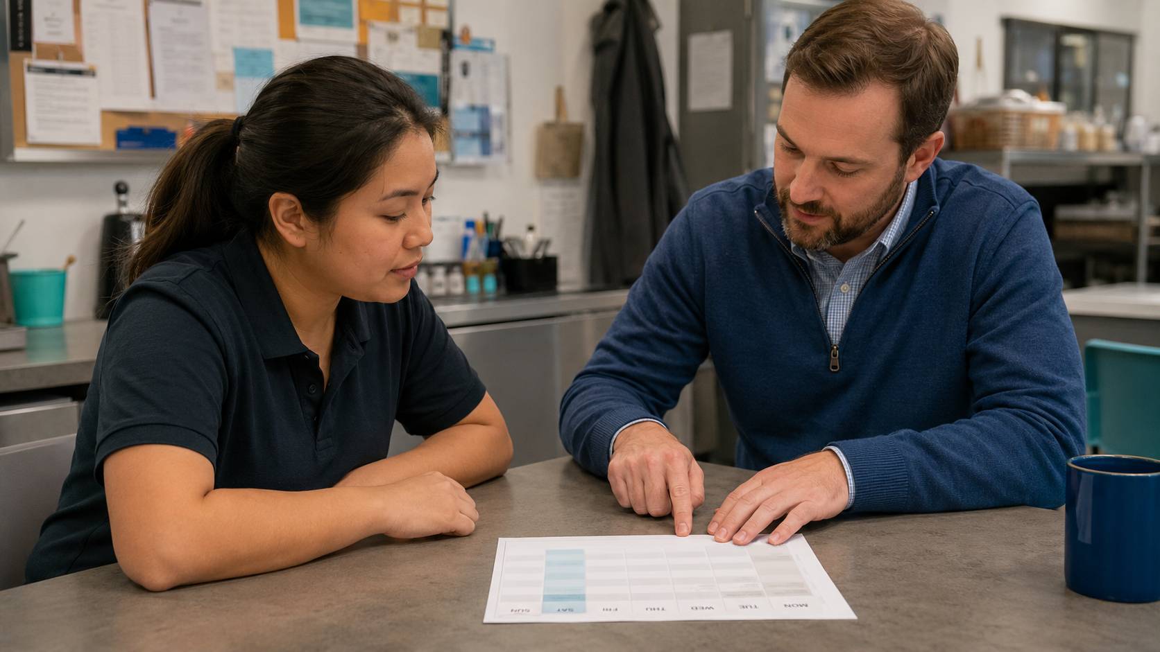 A food-service employee and manager seated in a neutral back-office or break-area setting, calmly reviewing a printed weekly schedule.